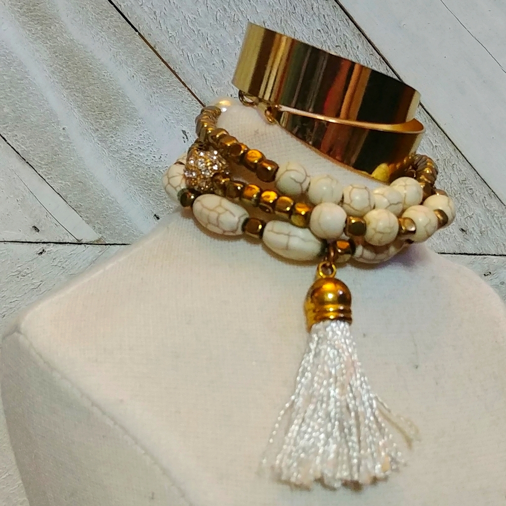 Bracelet Stack of 3 + Gold Toned Hoop Earrings Bundle